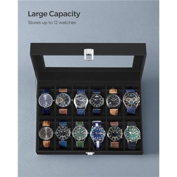 Watch Box 12-Slot Watch Case w Large Glass Lid Removable Watch Pillows Organizer - Picture 3 of 6